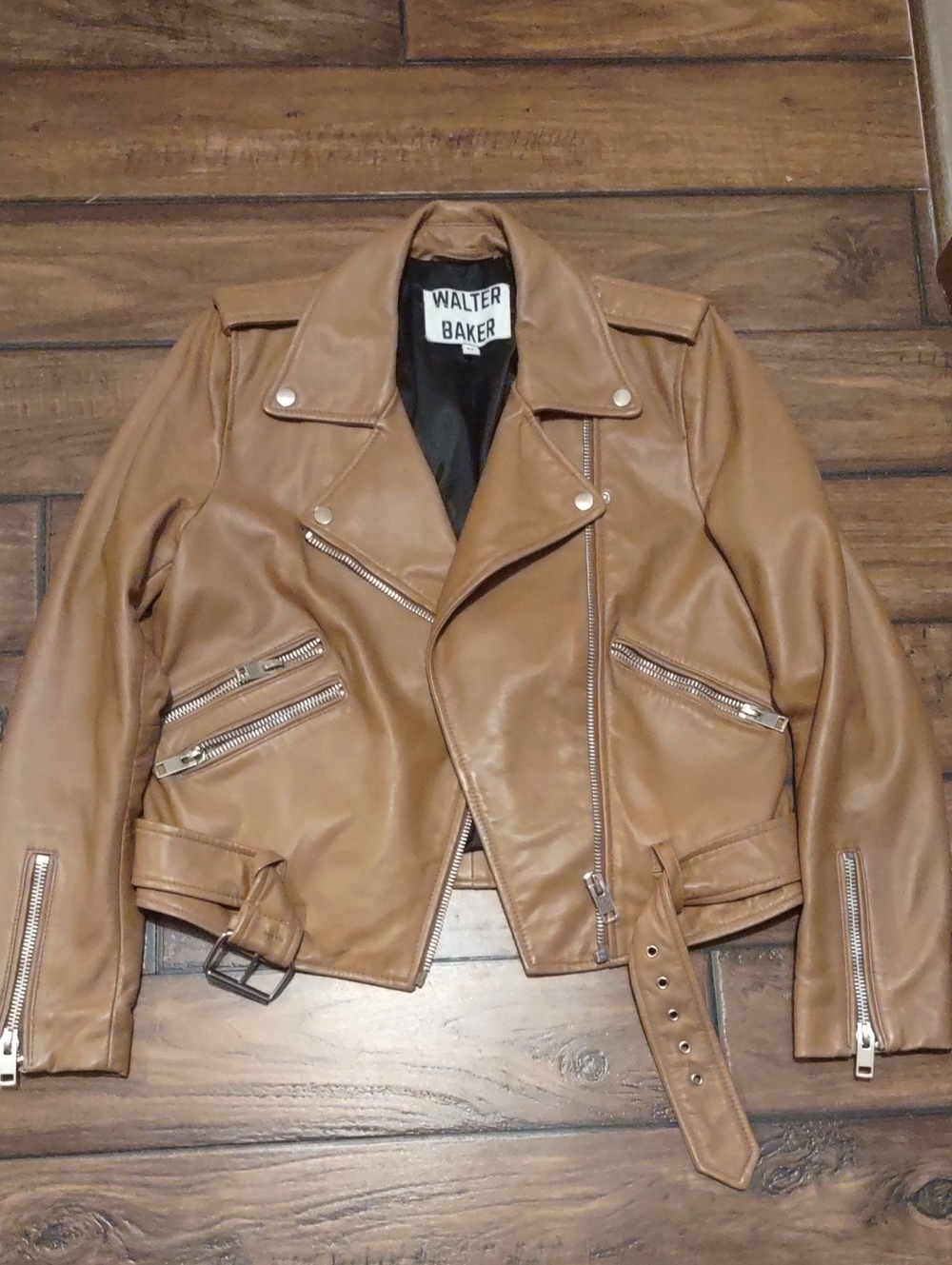 Walter Baker Cognac Leather Moto Jacket with Belt. Size M.